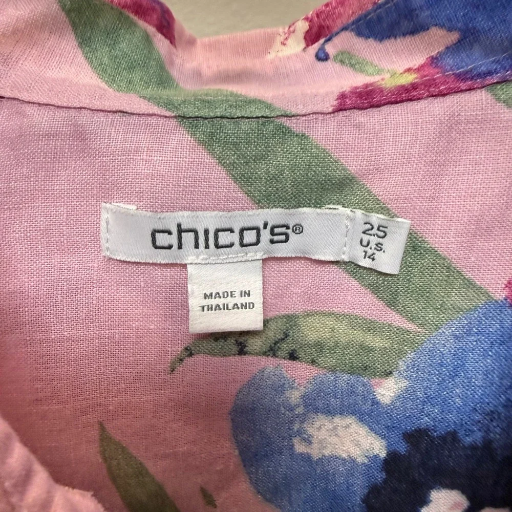 Chico's Linen Button Down Shirt Womens 2.5 L 14 Pink Floral Watercolor Excellent